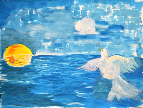 Kinderbild: Meer mit Sonne und Taube