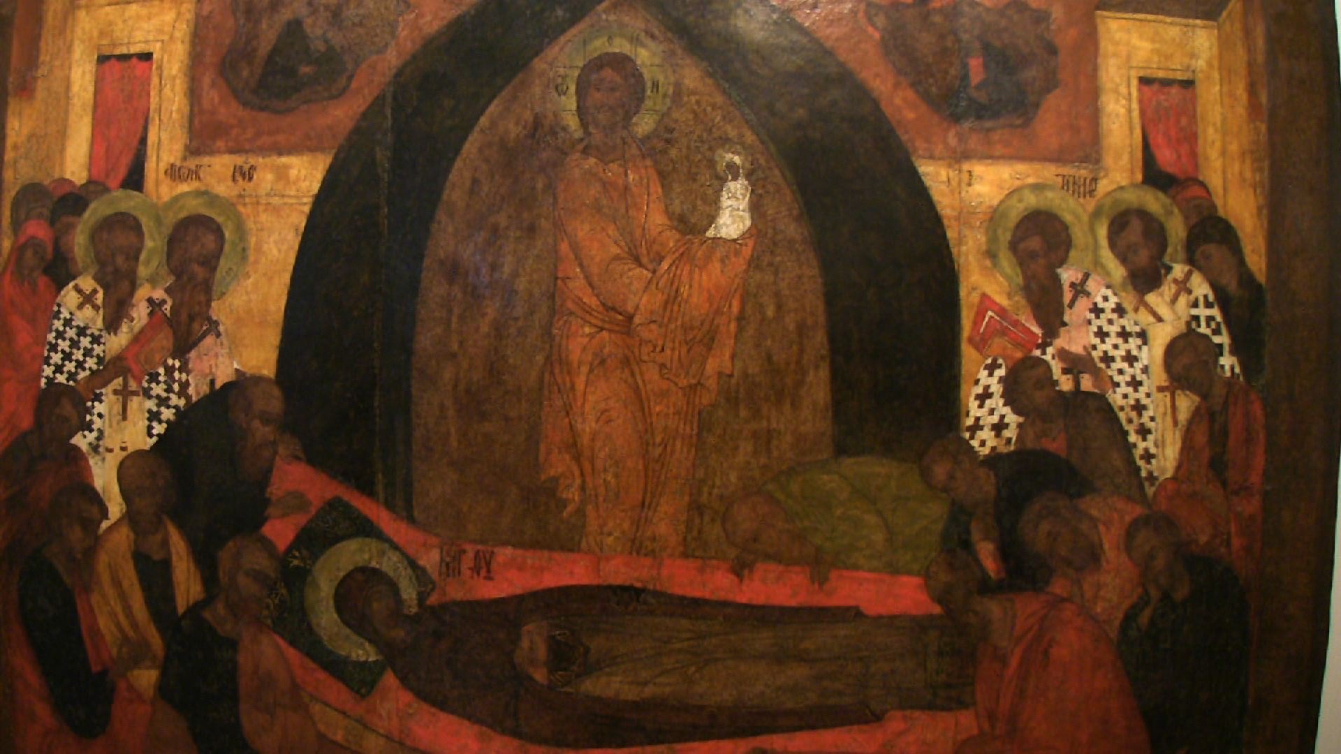 Alte Ikone mit Marientod und trauernden Figuren in Rot und Gold.