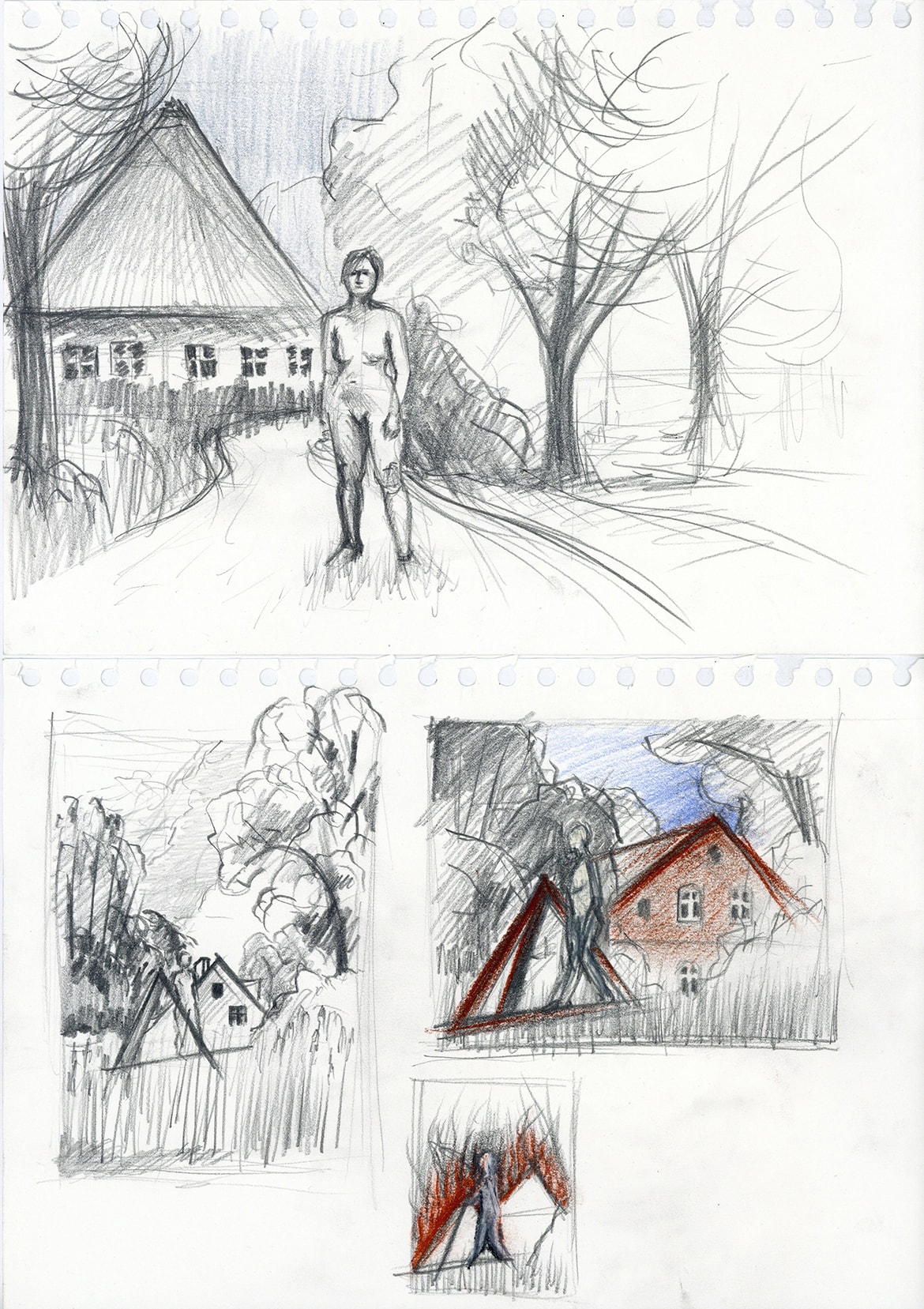 Skizzenblatt mit Landhaus, Bäumen und einer nackten Figur in Bleistift und Farbstift.