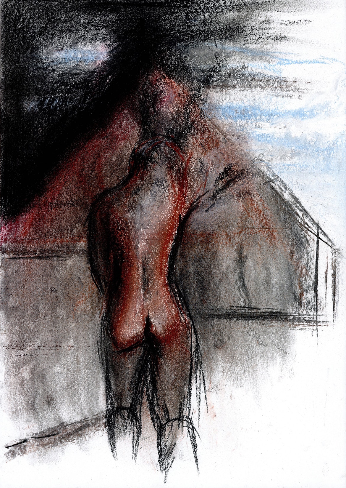 Pastell- und Kohlezeichnung eines Rückenakts vor dunklem Himmel und Haus.