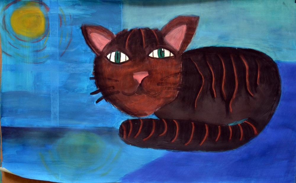 Kinderbild: große Katze auf blauem Grund