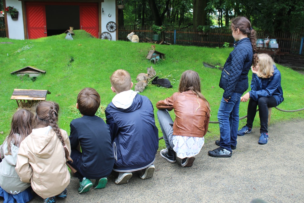 Kinder sitzen im Tierpark vor einem Gehege